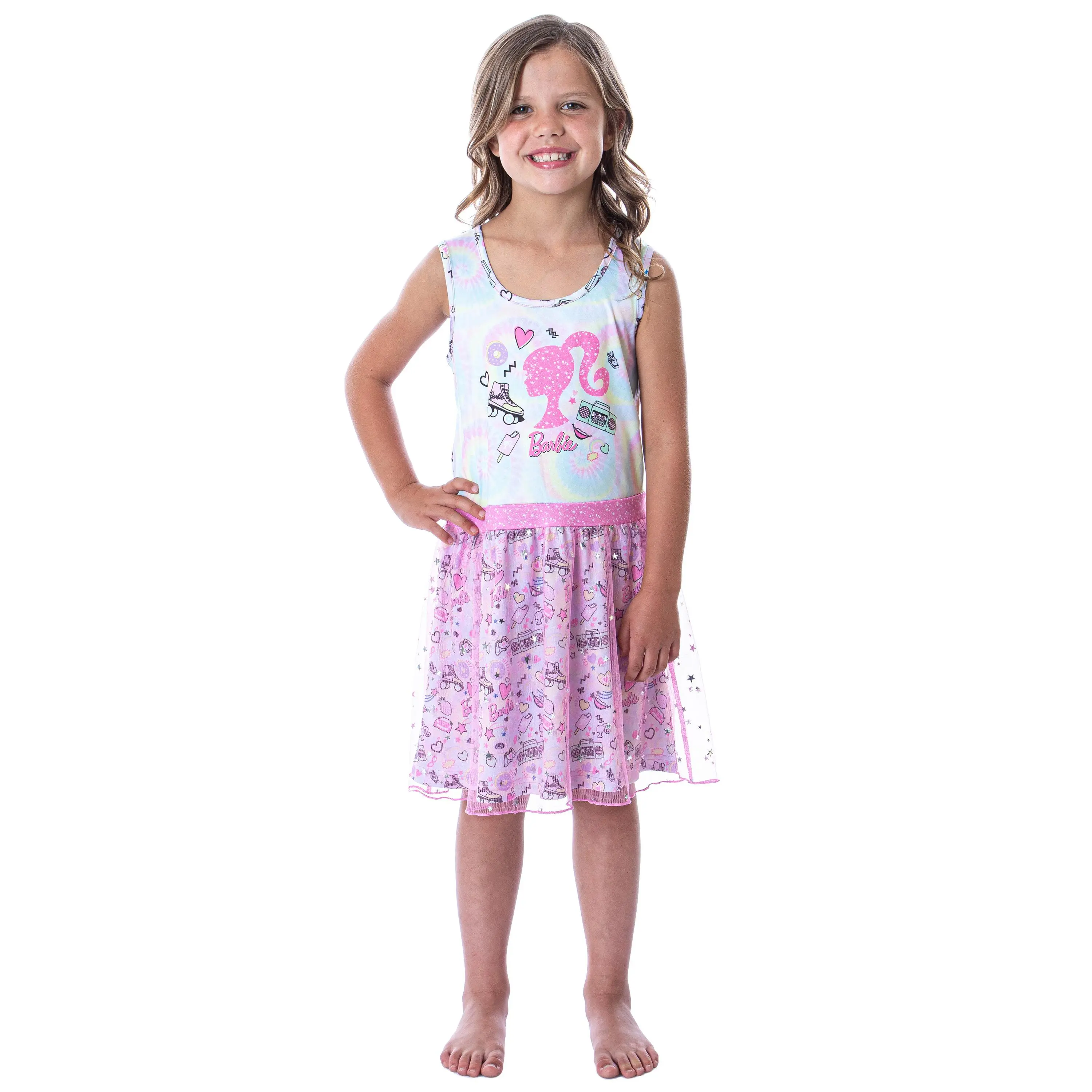 Barbie Girls' Tie-Dye Kids Tank Nightgown Pajama Outfit With Tulle Skirt Overlay