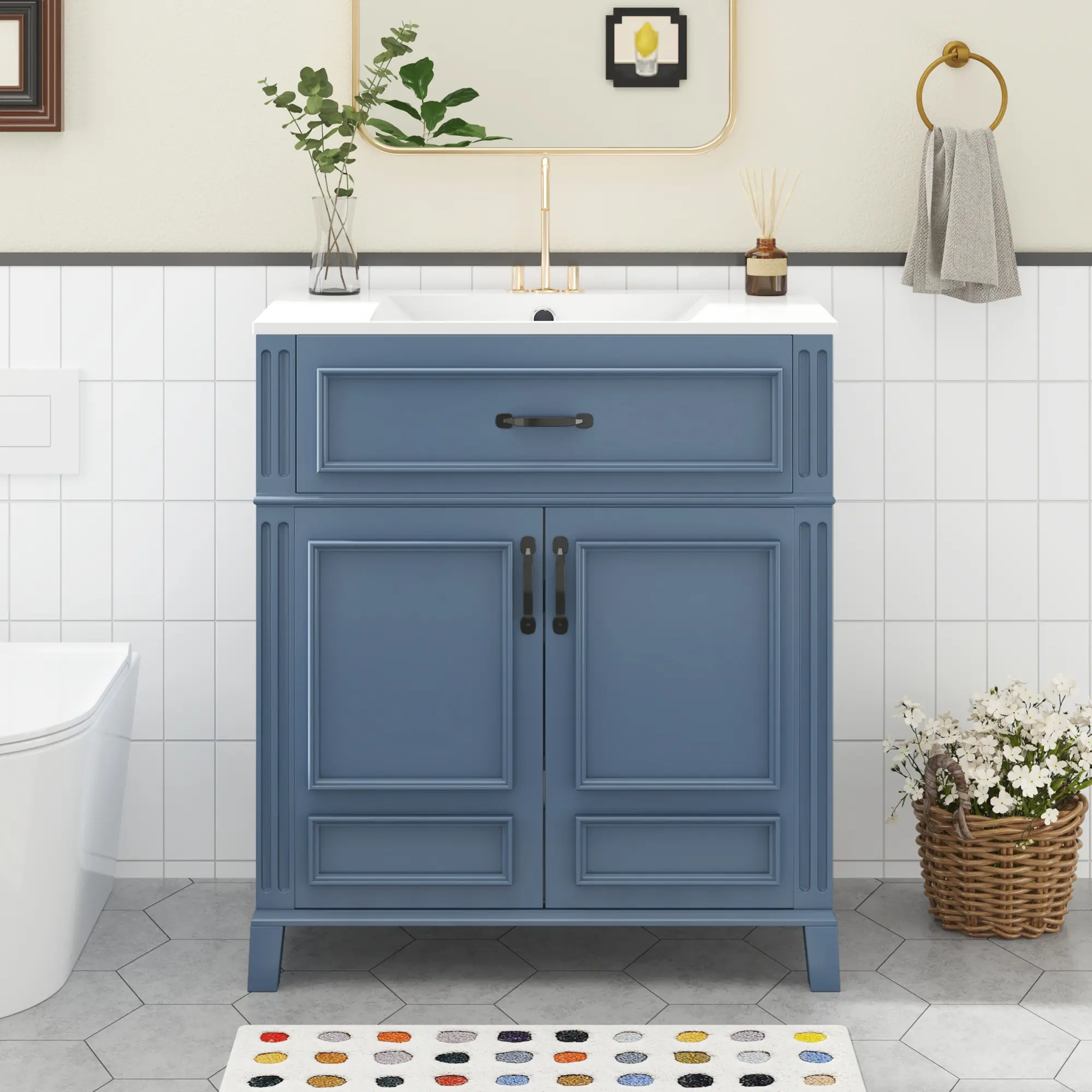 30-in Retro Blue Bathroom Vanity (30x18x33.85") - Glossy Ceramic Basin, MDF + Pine Frame, Metal Hardware, Soft-Closing Doors, Smooth Drawer Slide, Undermount/Drop-In Compatibility, Storage Cabinet, 90.83lbs, Assembly Required (YYDS Mall)