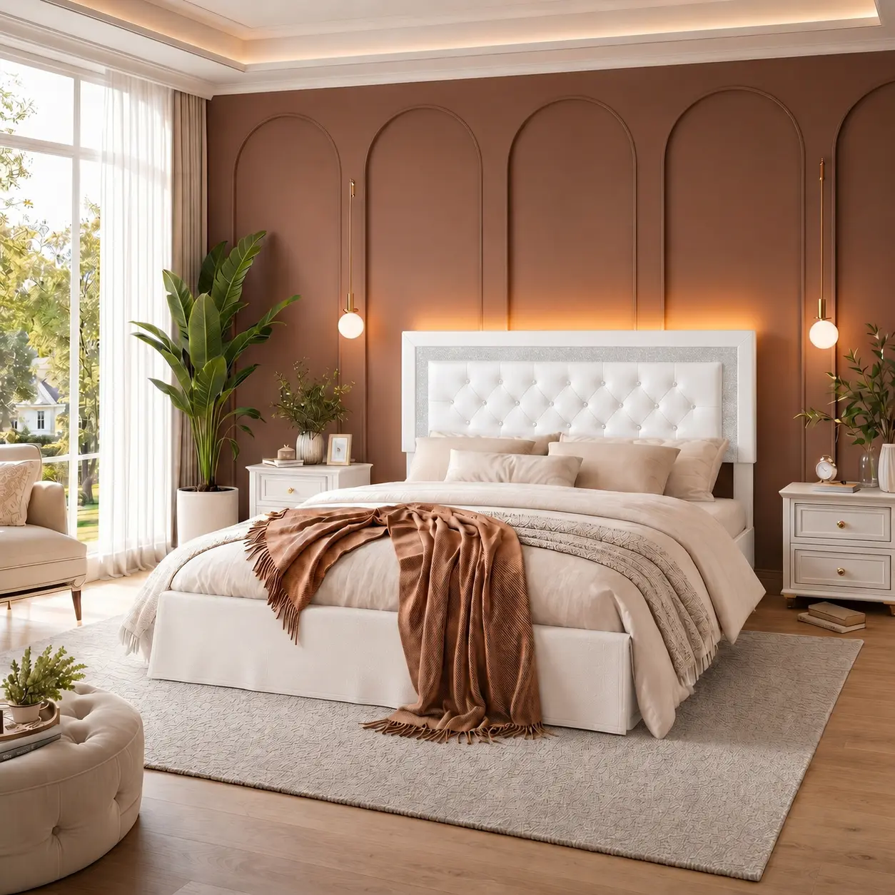 Torana Full LED Bed Frame with Adjustable Headboard, PU Leather Upholstered Platform Bed, Diamond Tufted Headboard, Bed Skirt, No Box Spring Needed, White