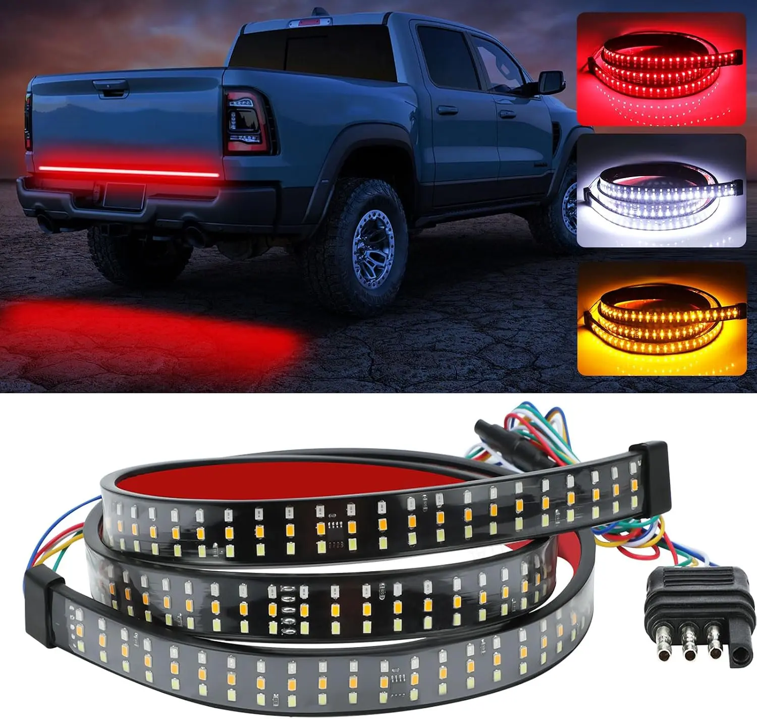 Safety LED Light Bar for Pickup Trucks, 60 Inch Waterproof Tailgate Warning Light, Ultra Bright Brake, Reverse & Turn Signal, Plug & Play