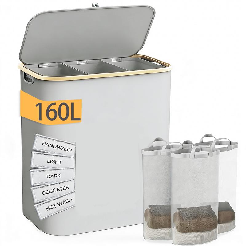Extra Large 160L Laundry Hamper with Lid | 3-Section, Sturdy Handle | Home Dirty Clothes Organizer