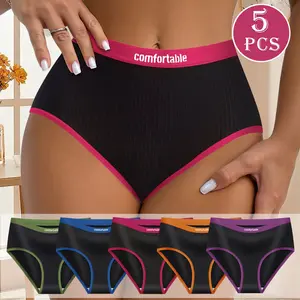 Mini Moon 5-Pieces Women's High Waist Comfortable Cotton Stretch Briefs Set with Letter Contrast for Daily Wear Elegant Athletic Print Panties S-XXL Womenswear Bridal Activewear Sportswear Lingerie