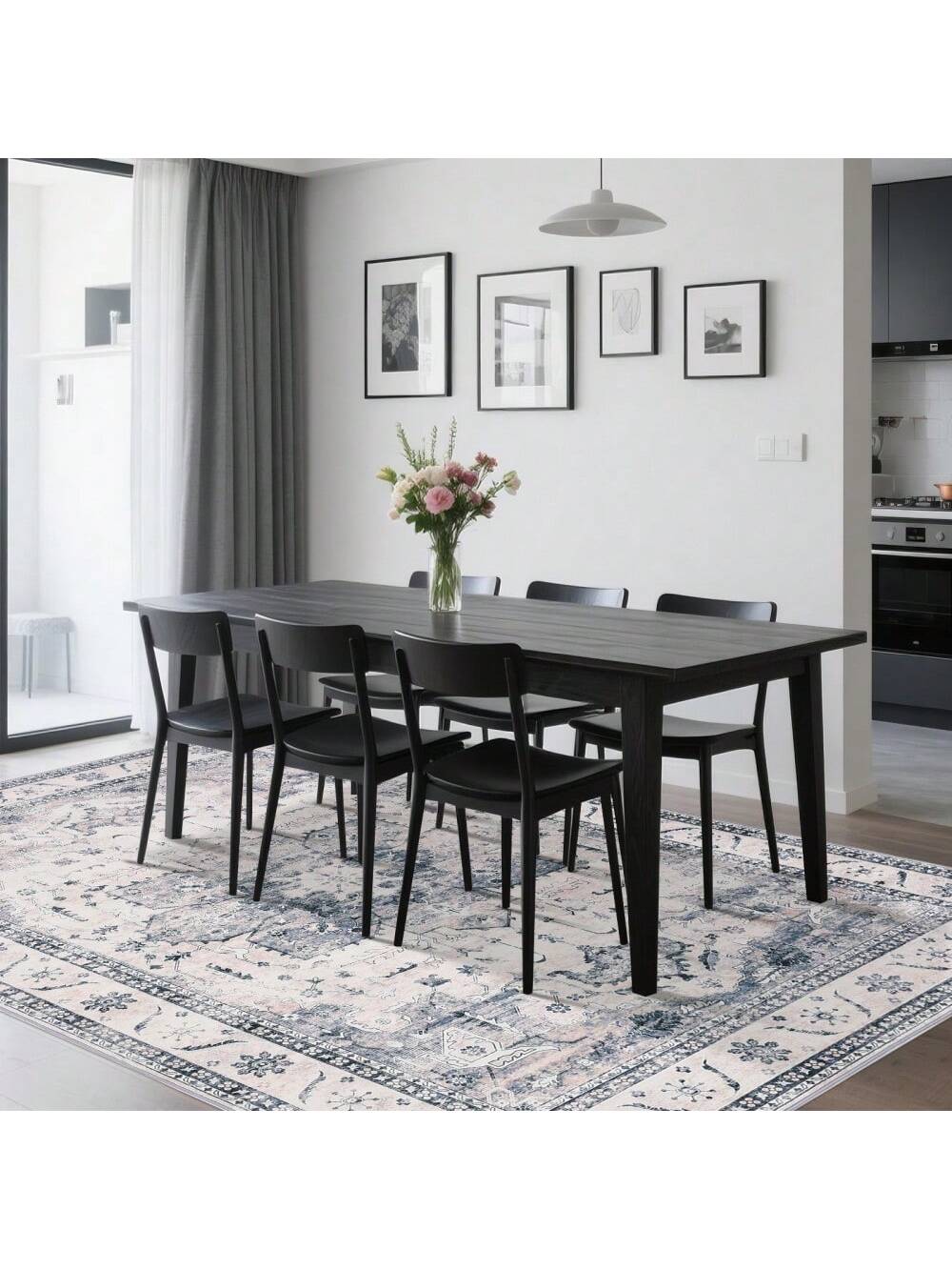 Beige-8*10 feet Faux Wool Boho Vintage Floral Printed Ultra Thin Low Pile Area Rug Machine Washable Stain Resistant Pet Friendly Non Shedding Non Sl