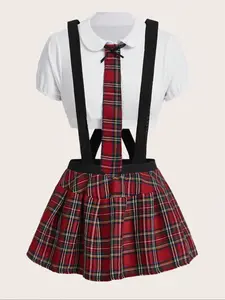 Women's Plaid Crop Top Set, Sexy Cute Uniform Costumes, Short Sleeve Fitted Shirt & Skirt, Bow Tie Included, All Seasons Fashion, Womenswear