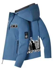 New York City Silhouette Waterproof Jacket, Unisex Windproof Hooded Coat, Casual Fitted Print Outerwear, All Seasons Wear