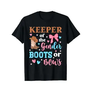 Women's Gender Reveal Party Shirt - Keeper of the Gender - Cowboy Boots Bows - Pregnancy Announcement Outfit - Black with Pink & Blue Accents - Regular Fit Round Neck T-Shirt - Gender Neutral Shower Attire - Funny Gender Reveal Clothes for Adults - Machin