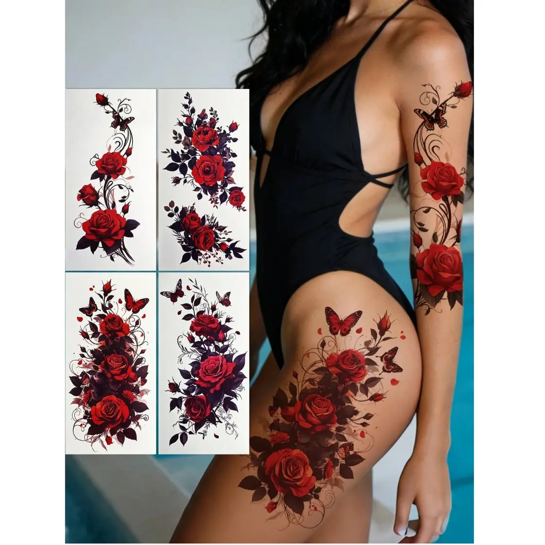 4pcs Temporary Floral Rose Tattoo Stickers, Waterproof Rose & Butterfly Designs, Romantic Body Fake Tattoos for Valentine's Day, Arm & Leg, Chest & Thigh, Flowers, Durable