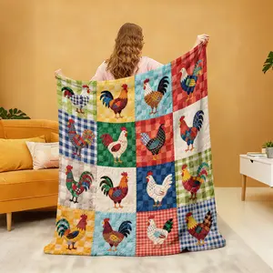 1 piece of quilted parquet cute plaid parquet cock printed flannel blanket soft, warm and multifunctional, suitable for sofa beds, office camping, all-season gifts