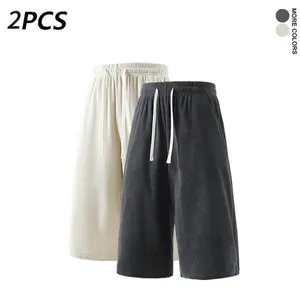 2PCS Men's Corduroy 3/4 Length Shorts Casual Drawstring Summer Capri Pants with Pockets
