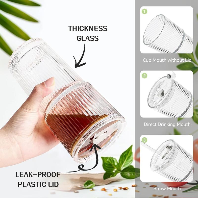 Ribbed Glass Cups with Lids and Straws | 6/8Pack 20oz Thickened Tumbler Set | Coffee, Smoothies, Cocktails & Juices