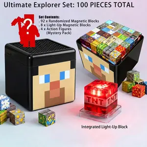 Random Glow Magnetic Blocks Set 100/150/200 Pcs | Strong Grip, Drop-Resistant, Light-Through | Problem-Solving & Fine Motor | Non-Toxic Rounded Edges, Large Easy-Clean | Storage Box - Gift for Ages 3-7