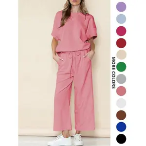 Two-Piece Set Women's Solid Textured Wide Leg Pants Set, Casual Drop Shoulder Tee & Drawstring Waist Pants, Summer Outfits Clothes Set for Ladies Outdoor Holiday��gift��