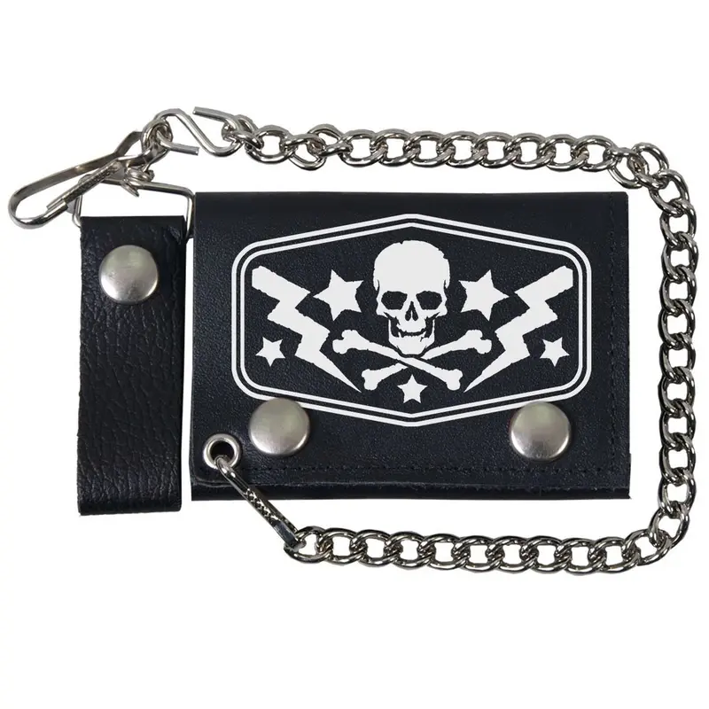 4 inch Hot Leathers Black Leather Trifold RX Skull Wallet with Chain