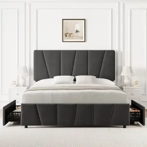 Queen Size Bed Frame with Adjustable Headboard and 2 Storage Drawers Soft Upholstered Platform Bed Frames with Wooden Slats Support No Box Spring Needed Dark Grey