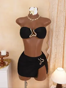 Elegant Bikini Set with Irregular Metal Accessories, Halter Top, Side Slit Skirt, Perfect for Beach Vacation and Swimming, Strapless Bandeau Bikini, Bandeau Bathing Suits