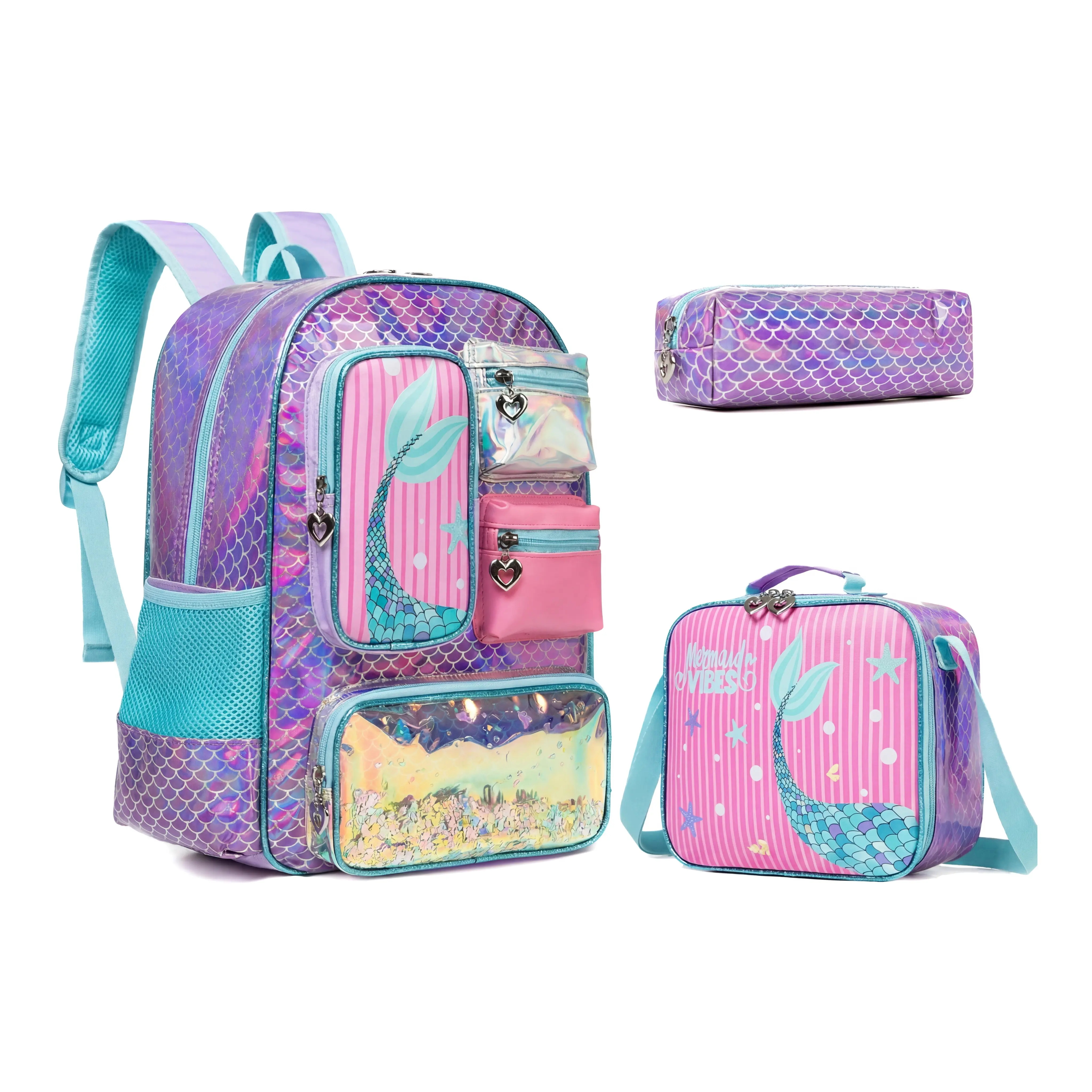 Girls' Backpack Set, 3-Piece Iridescent Mermaid Scale Magic-Themed School Bag with Lunch Box & Pencil Case, Magic-Themed Backpacks, Girl-Themed Graphic Backpacks cute vibrant print design casual large capacity backpack work travel