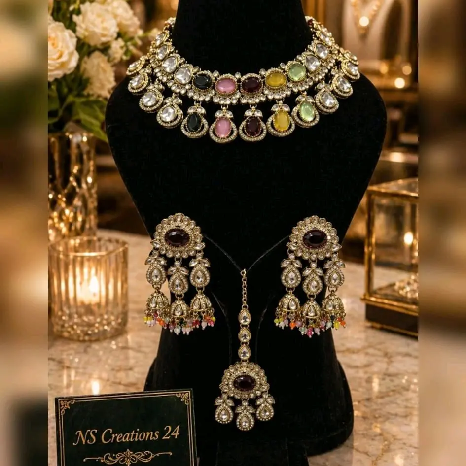 Elegant 3 Piece Polki Kundan Set with Multicolor Stones and Intricate Design