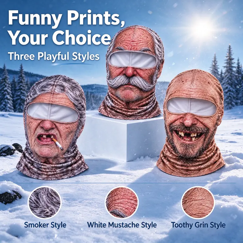 Funny Old Man Face Balaclava Mask, Dralon Thermal Fabric, Warm Wind-Resistant Full Face Winter Ski Mask for Sports & Outdoor Activities