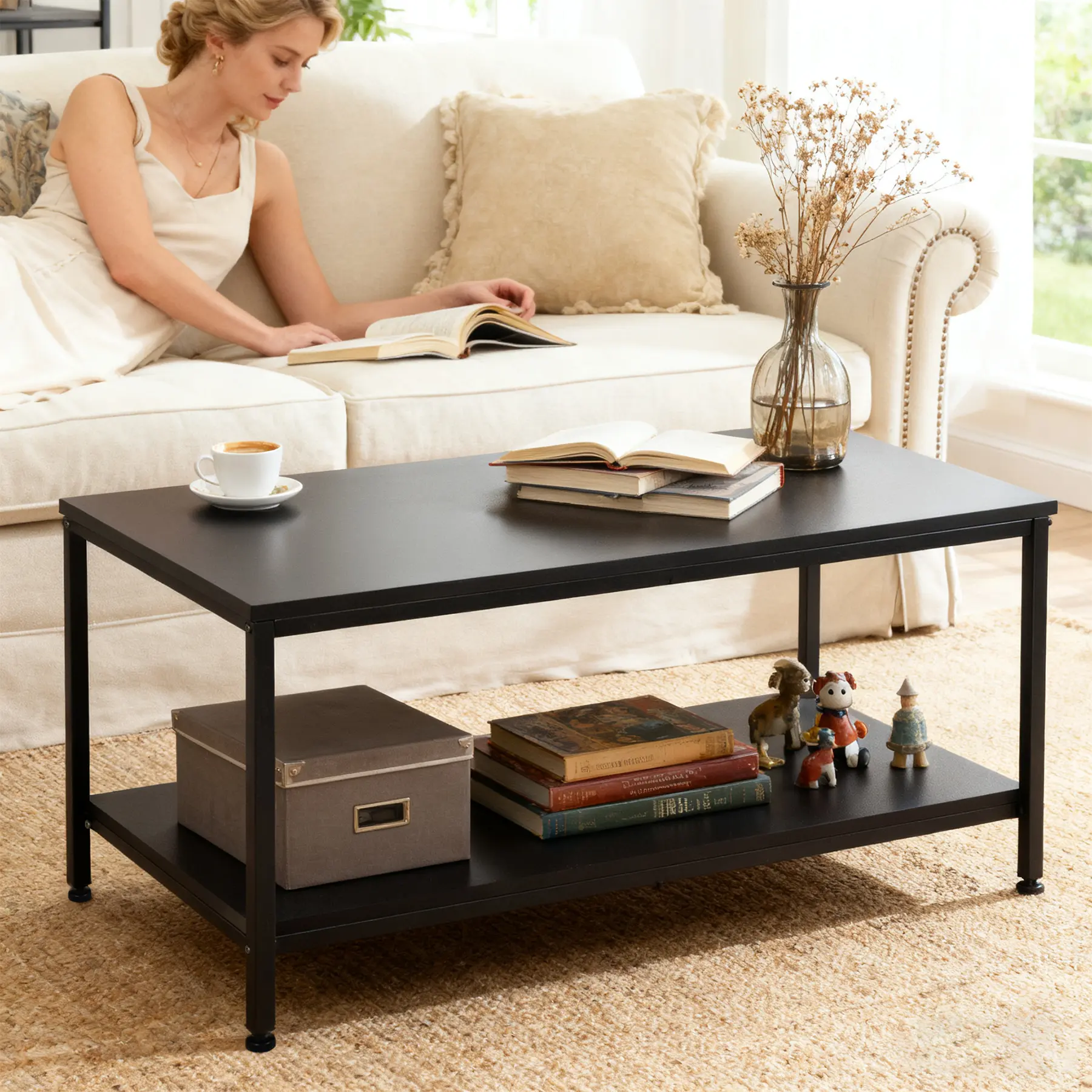 LEMY Rustic 2-Tier Coffee Table with Storage Shelf | Vintage Industrial Design, 110 lbs Weight Capacity, Easy to Assemble