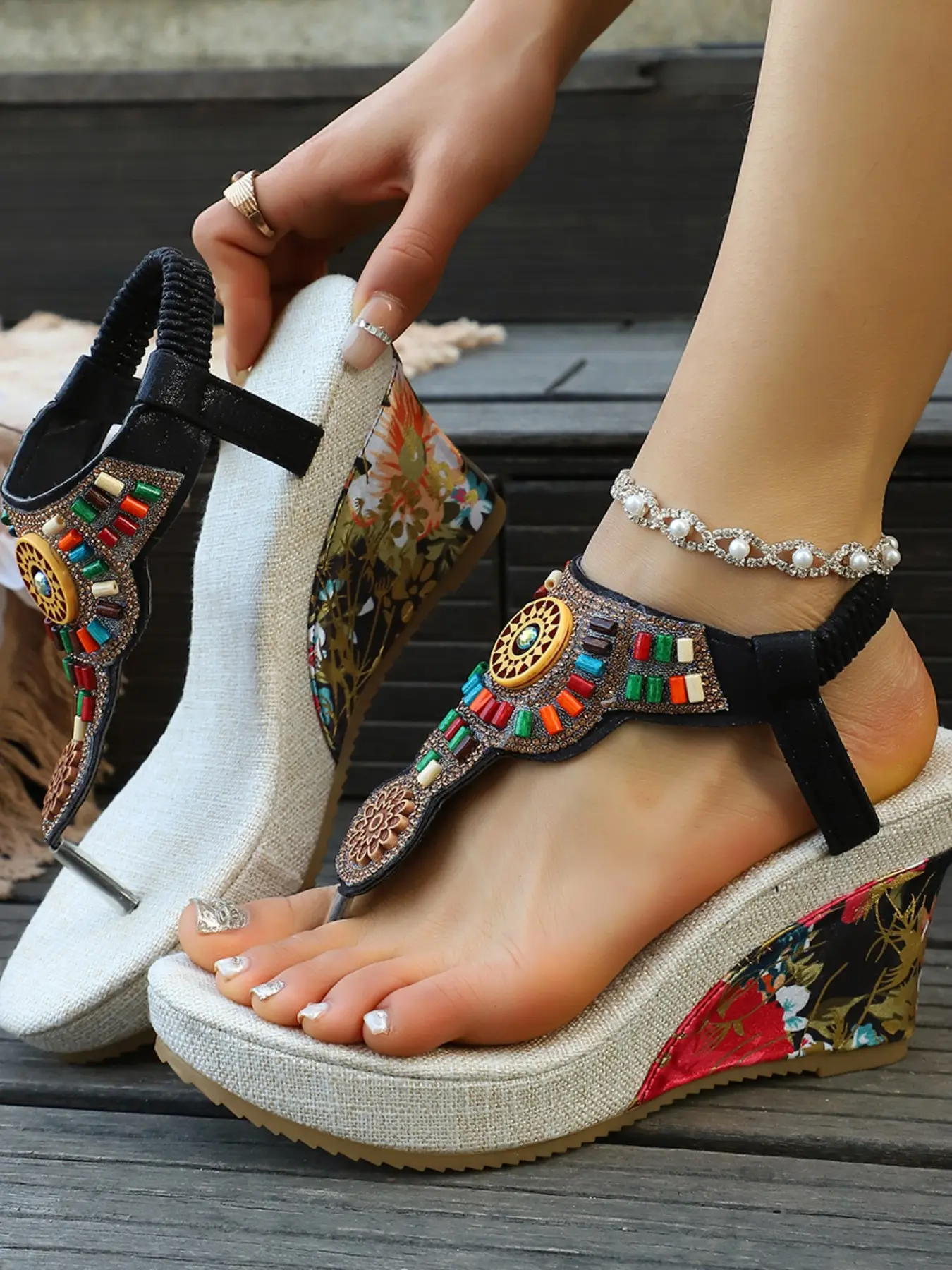 Summer Handmade Beaded Ethnic Wedge Sandals, Women's Luxury Vintage Open-Toe Thick Sole Daily Wear Sandals, Fashion Beachwear Outdoor Slippers