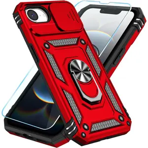 SunStory Compatible with iPhone 16e Case & iPhone 17e Case with HD Screen Protector & Slide Camera Cover & Rotated Ring Kickstand, [Military-Grade] Phone Case for iPhone 16e/17e, Red