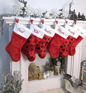 Red White Plush Personalized Christmas Stocking - Embroidered Family Kids Dog Cat Pet Paw Stockings - traditional red and white Christmas Stockings