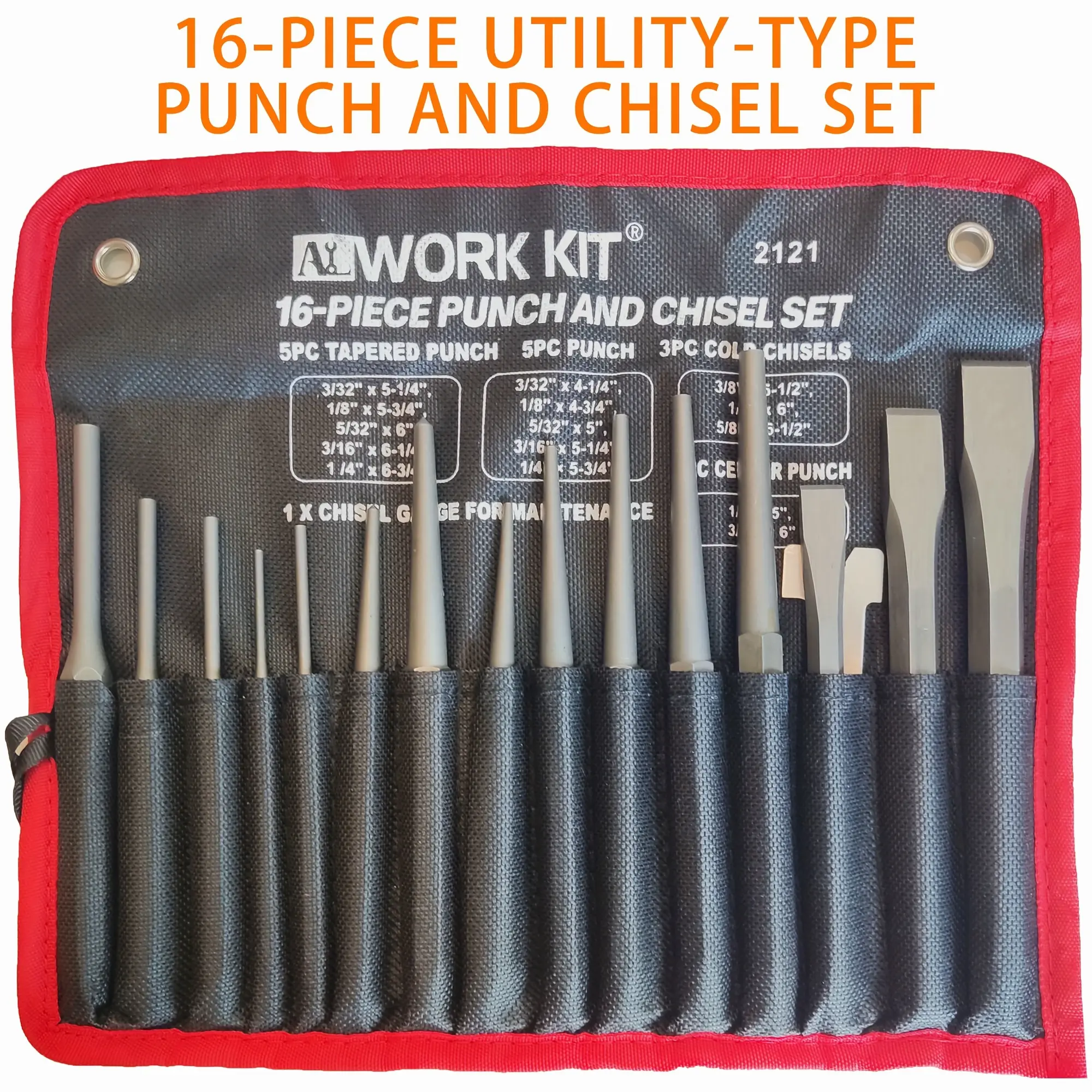 ALWORKKIT 16pcs Metal Punch And Chisel Set, Durable Cr-V Steel, Non-Electric Utility Tool Kit with Taper Punch, Cold Chisels, Pin & Center Punches, Fabric Storage Case - Ideal Gift for Craftsmen