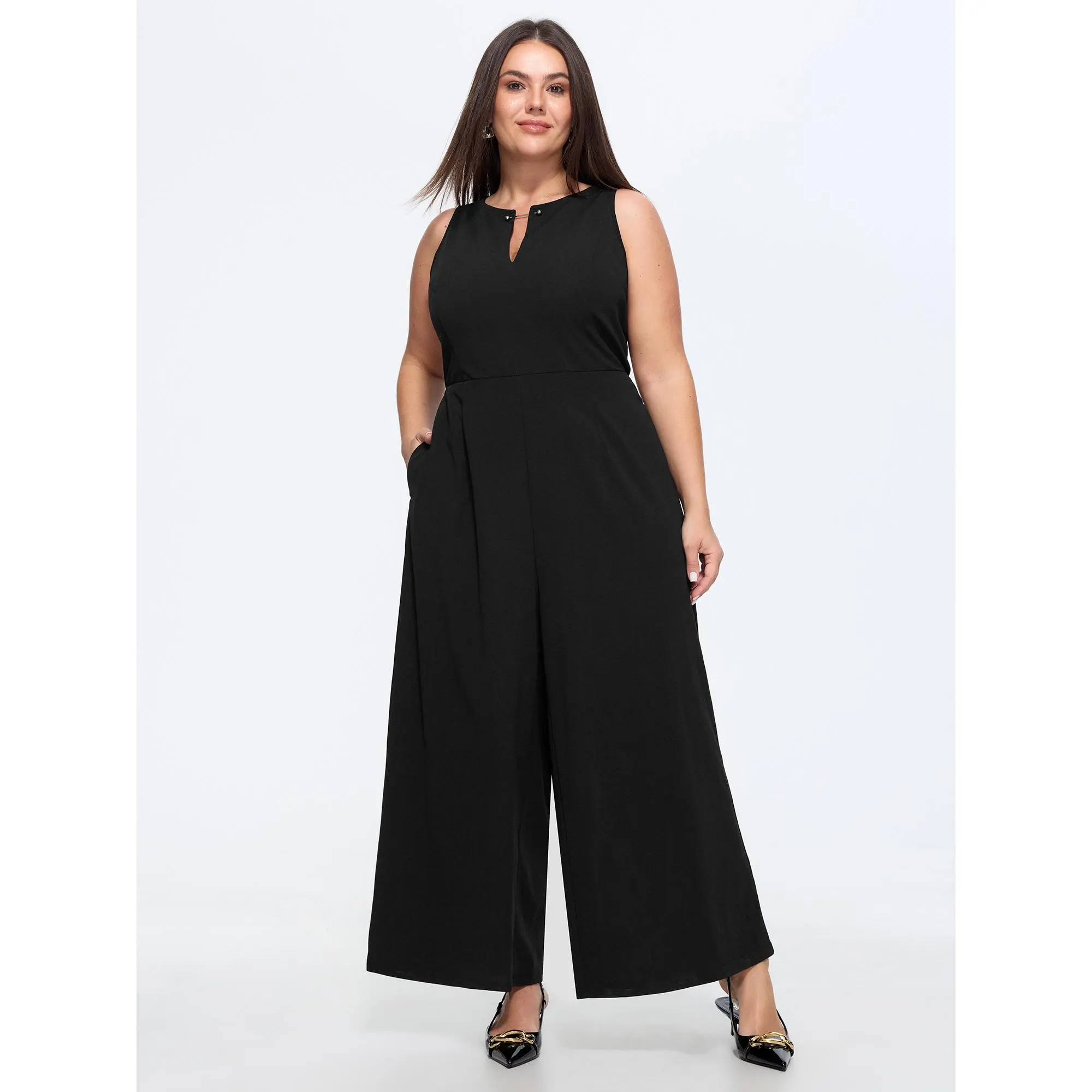 BloomChic Plus Size Solid Cold-Shoulder Split-Neck Office Jumpsuit with Pockets, Low Iron Business Garment for Women, Overalls, Polyester, Sleeveless, Fit