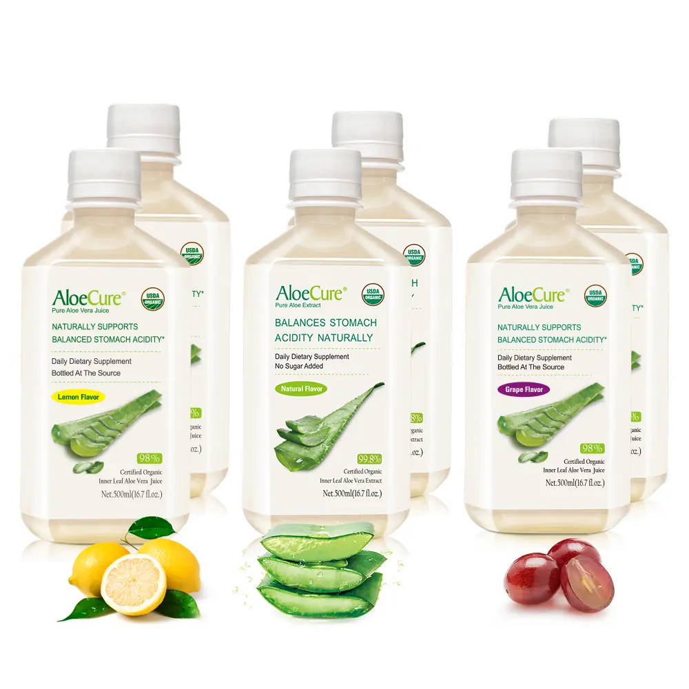 AloeCure GMO & Gluten Free Organic Beverage - 6-Bottle Sample Pack (Grape, Lemon, Natural Flavors) - 6x500ml Pure Aloe Juice, 100% Aloe Gel All Natural Drink, All Natural Beverage
