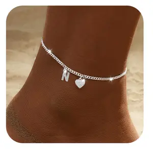 Hot New Silver Zircon Heart 26 Letter Anklet Trendy Copper Inlaid Zircon Heart Letter Anklet
