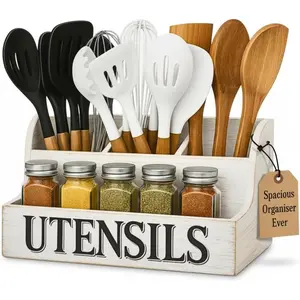 Large Wooden Kitchen Utensil Holder with 4 Compartments |   White Farmhouse Utensil Organizer for Countertop, Rustic Cooking Utensil Caddy, Silverware & Spoon Storage |   White Wood Grain
