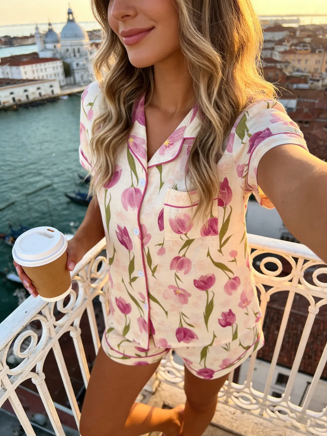 Women's Short Sleeve Pyjama Set, Tulip Floral All over Print, Comfortable Breathable Casual Home Wear, Slim Fit Two-Piece Sleepwear