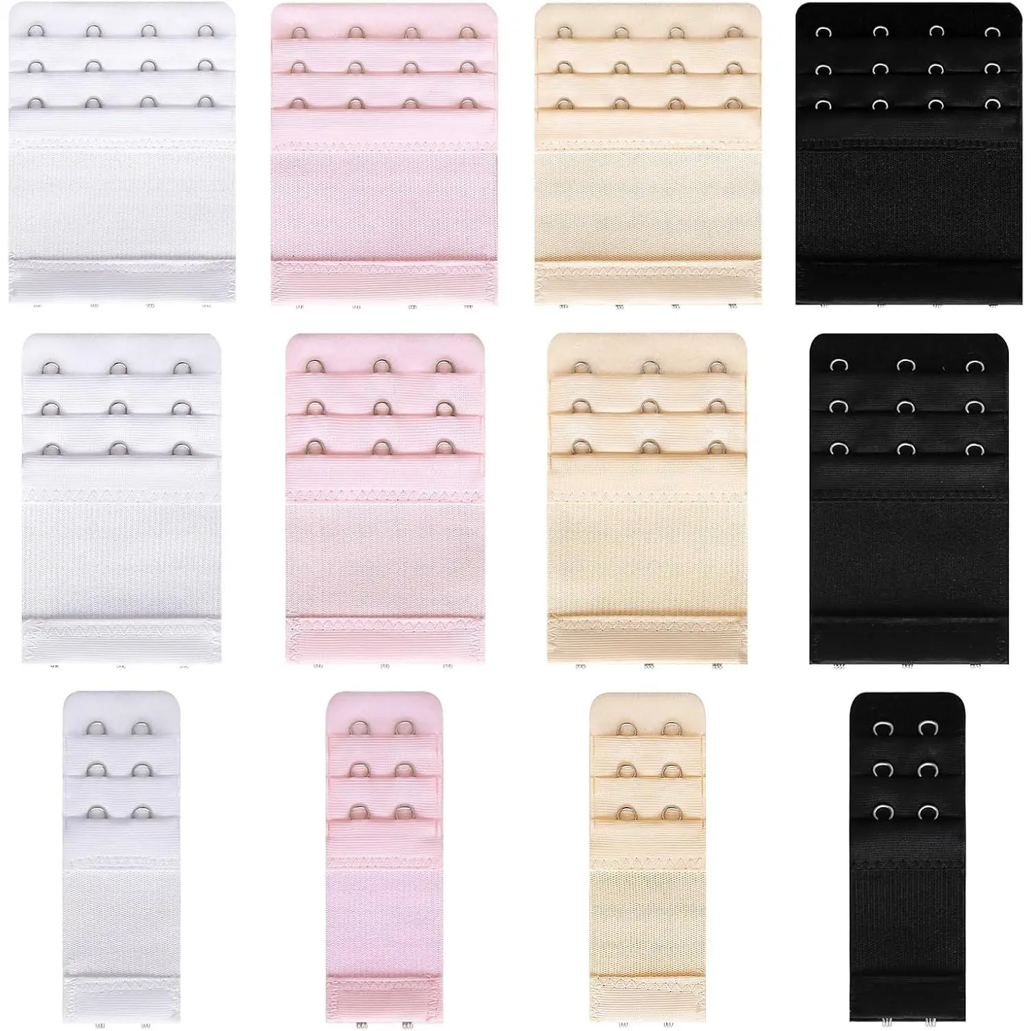 12 count Women's Bra Extenders 2 Hook/ 3 Hook/ 4 Hook/ 3 Rows Elastic Bra Band Hook Strap Extensions, Soft Stretchy  Bra Extension Strap for Women