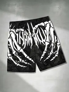 Men's Summer Fashion Casual Shorts, Beach Holiday Style, Skeleton Skull Hand Bone Print, Loose-Fitting All over Print, Trendy Men's Clothing, Casual Drawstring Shorts