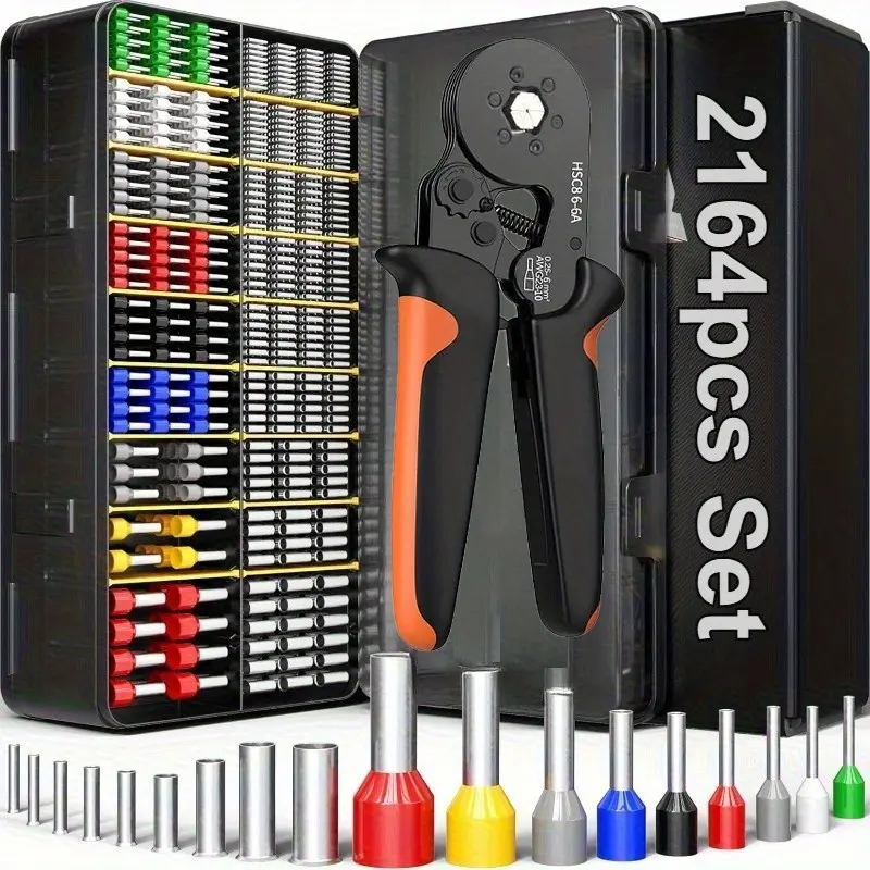 2164pcs Mini Electrical Crimping Kit, Compatible with HSC8 6-6 Crimping Pliers for 0.25-6mm² / AWG23-10, Includes 2000pcs of 7 Sizes VE Tubular Terminals + 164 Heat Shrink Tubes, with Durable Plastic Handle and Wire Repair Clips, Suitable for Home