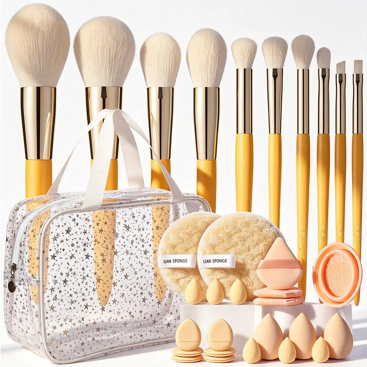 All-in-1 Waterproof Portable Makeup Tools Set for Women - Accessories for Women, Cosmetic Brushes, Beauty Sponges, Triangle & Mini Air Cushion Puffs, Facial Cleansing Sponges, Makeup Brush Cleanser, Zipper Cosmetic Bag for Daily & Travel Use, Beauty