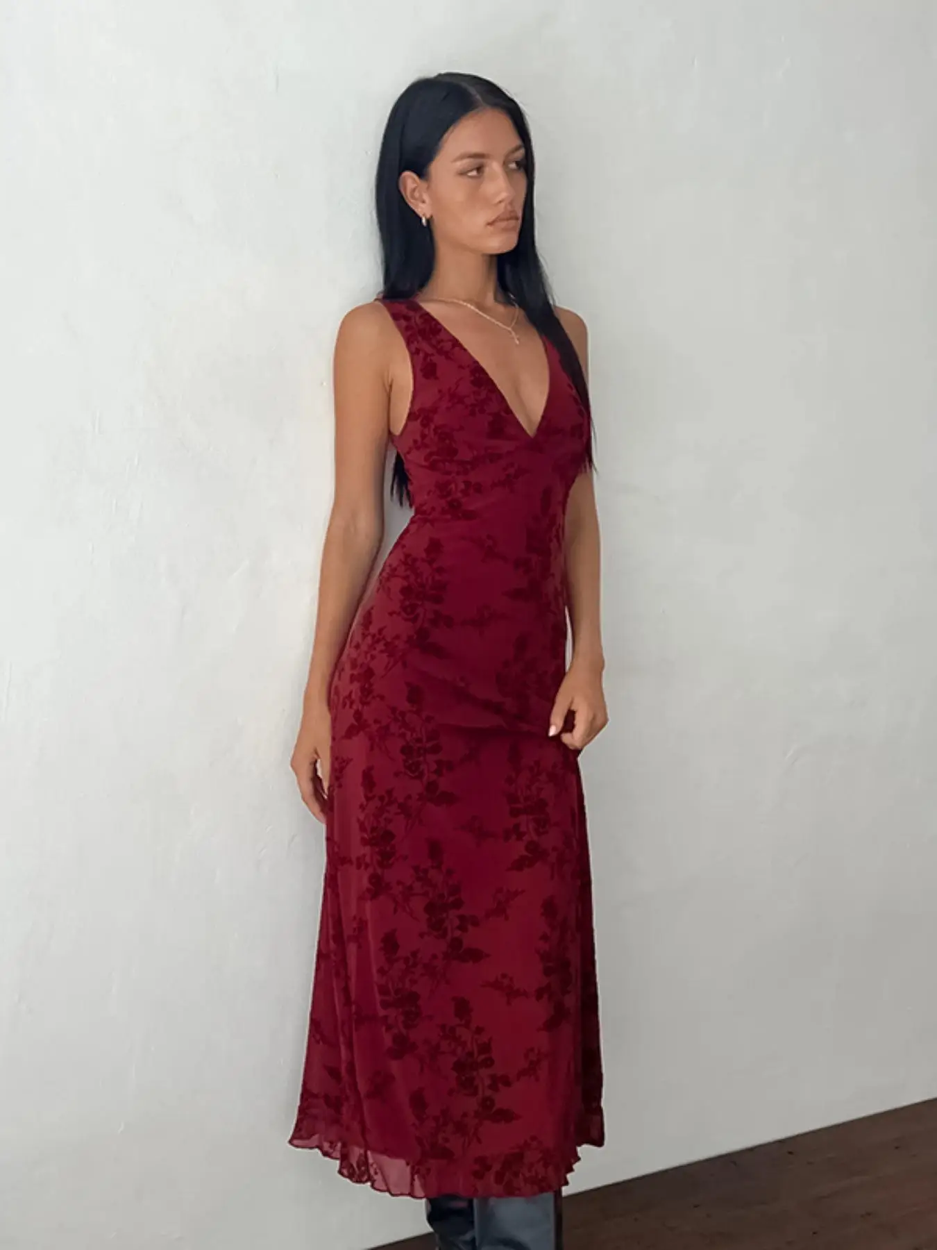 Women's Floral Print Deep V Neck A Line Dress, Elegant Sleeveless Plunge Neck Bodycon Long Dress, Ladies Summer Clothes for Party Holiday Wedding Gues