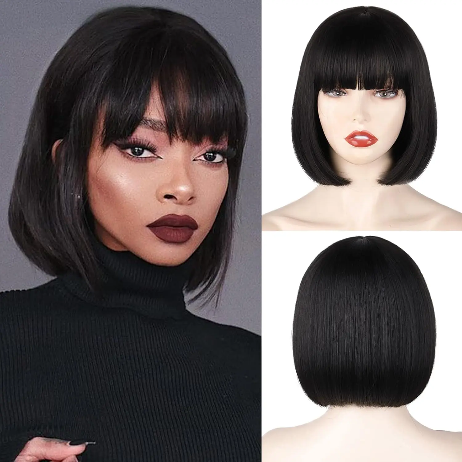 Xinran Black Short Bob Wig,Straight Black Bob Wig with bangs, 10 inch Straight Bob Bangs Wig for Women Natural Looking for Daily Use