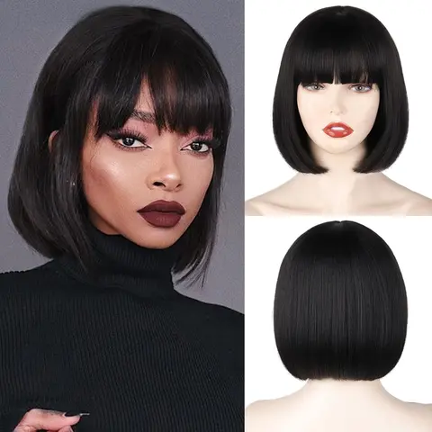 Xinran Black Short Bob Wig,Straight Black Bob Wig with bangs, 10 inch Straight Bob Bangs Wig for Women Natural Looking for Daily Use