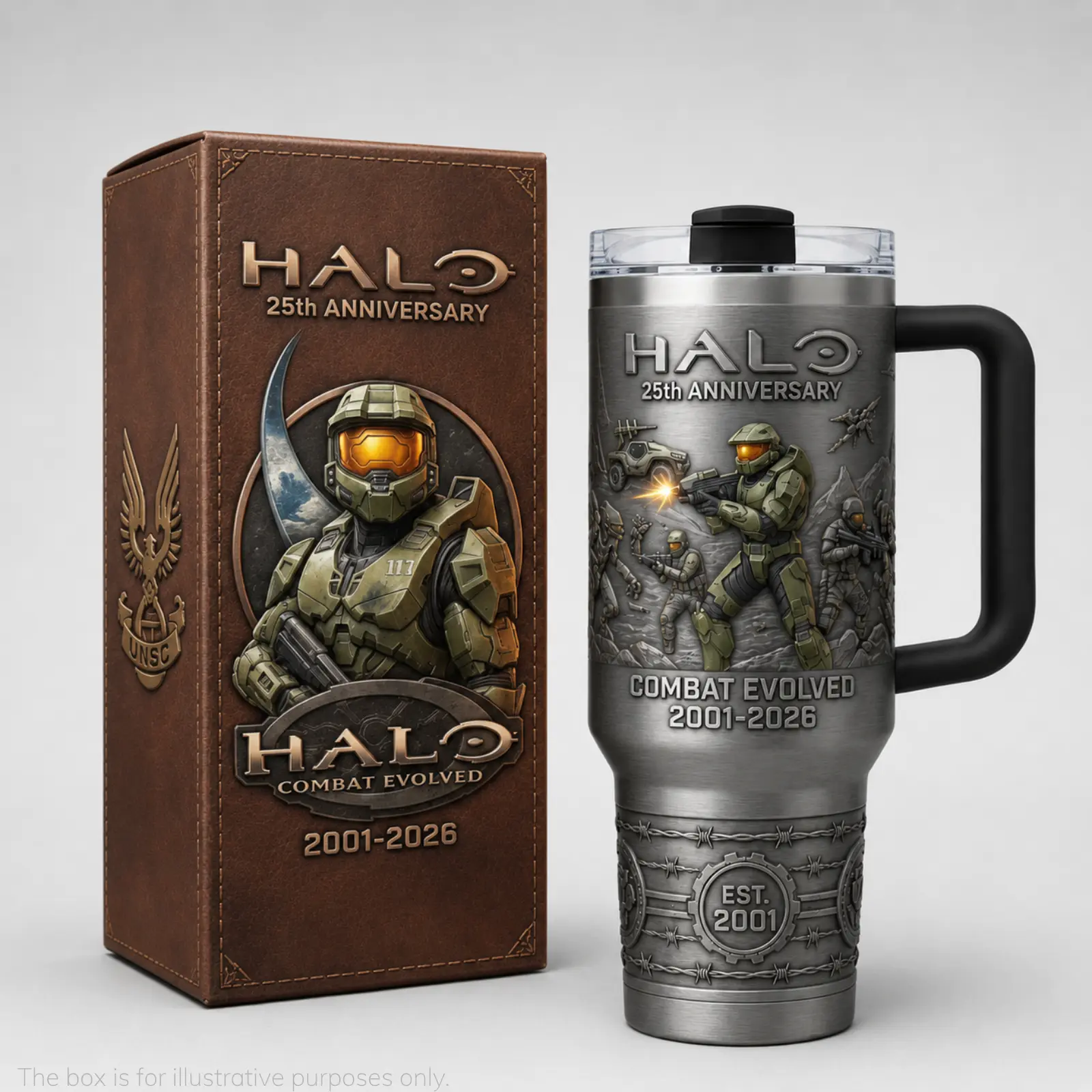 Halo 25th Anniversary Combat Evolved 2001–2026 40oz Insulated Tumbler with Handle and Straw, Master Chief Stainless Steel Travel Coffee Mug, Reusable Gaming Drink Cup, Collector Gift for Halo Gamers and Sci-Fi Fans