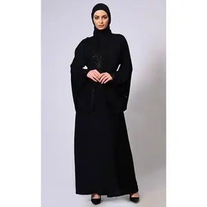 Handcrafted and Machine Embroidered Bell Sleeves Black Abaya