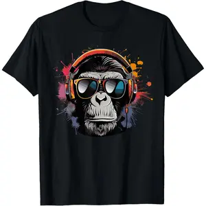 Cotton Short Sleeve DJ Monkey With Sunglasses DJ Monkey Headphones T-Shirt For Men Women