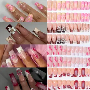 96pcs Medium Square French Press-On Nails, 3D Gel Petals Leopard Print Pearl Design, Glossy Acrylic Tips for Women and Girls, Flower Design Nails