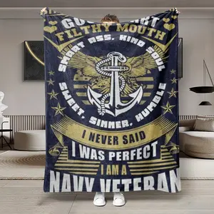 Navy Veteran Theme Flannel Blanket, Soft Lightweight Warm, All Seasons Use, Bed Sofa Office Camping Travel Gift, Multi-Purpose Decorative Throw