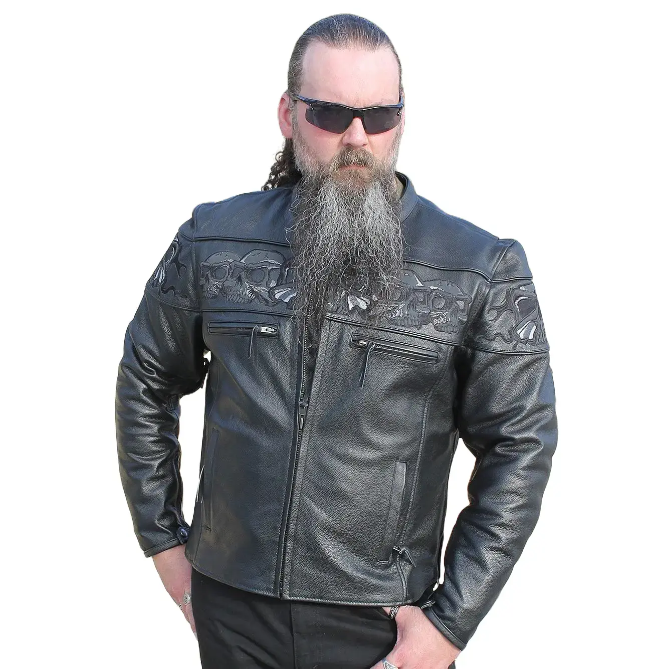 JAMIN LEATHER® Ultra Premium Cowhide Leather Reflective Skull Jacket M15000GZSK Menswear Biker Coats with Concealed Pockets & Zipper Lining - Tops