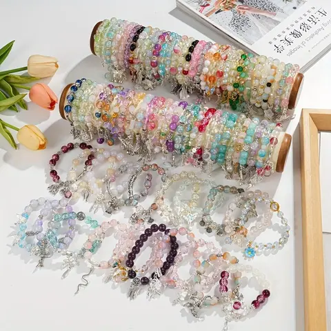 32-Piece Bohemian Charm Bracelet Set for Women, Vintage-Style Multicolor Glass Beads with Floral, Butterfly, Heart & Star Charms, Elastic Stretch Party Jewelry Gift, Accessories For Women, Bracelets For Women, Jewelry For Women, Bling Effect
