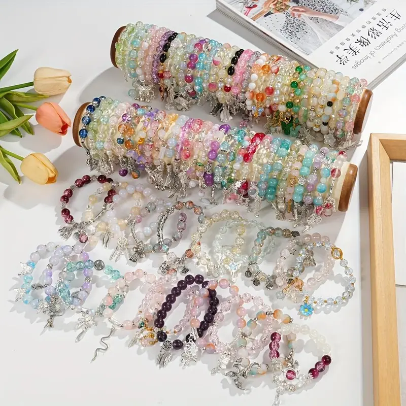 32-Piece Bohemian Charm Bracelet Set for Women, Vintage-Style Multicolor Glass Beads with Floral, Butterfly, Heart & Star Charms, Elastic Stretch Party Jewelry Gift, Accessories For Women, Bracelets For Women, Jewelry For Women, Bling Effect