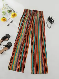Boho Style Vertical Striped High Waist Drawstring Wide Leg Pants, Casual Slimming Drape Long Trousers for Vacation