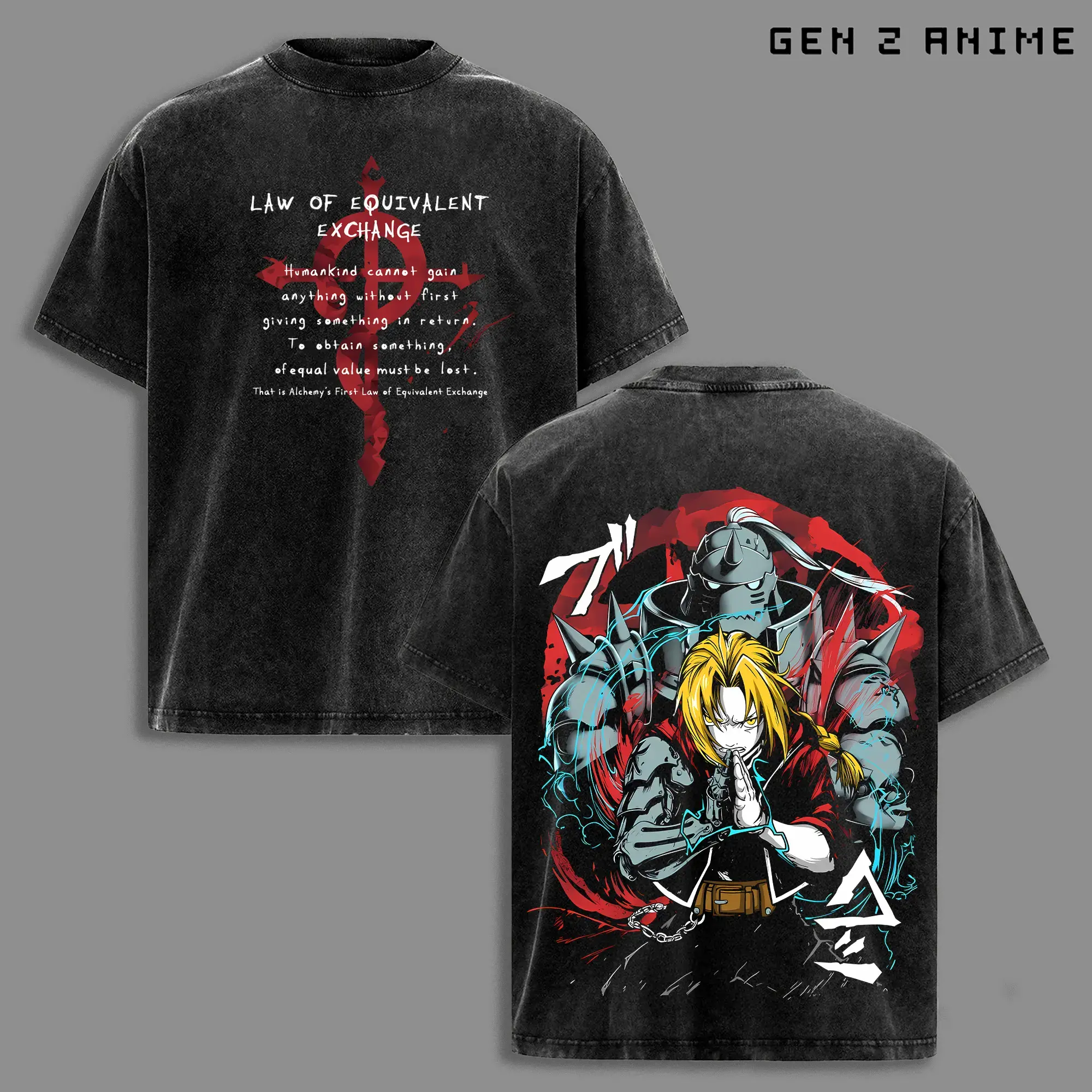 Edward & Alphonse Tee Washed, Fullmetal Alchemist Vintage Oversized Heavy Cotton Anime Double Printed Graphic, Retro FMA Streetwear Top, Alchemy Inspired Merch