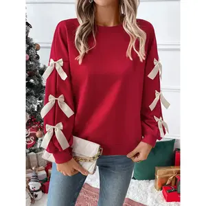 Women’s Christmas Bow Sweatshirt – Cute Red Crewneck Top for Autumn & Winter Holidays